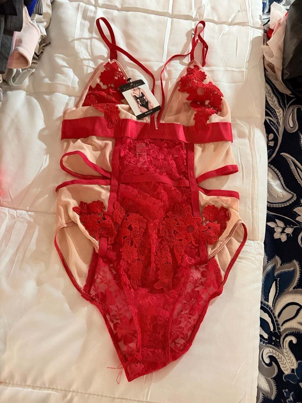French Affair Ski Patrol Nude Lace Cut Out Bodysuit NWT